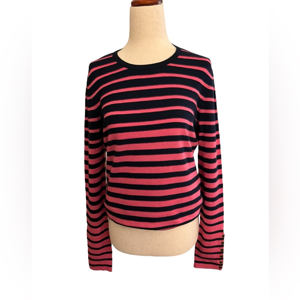 J McLaughlin Sz Small Jamey Knit Pullover Sweater Navy/Pink Stripe Long Sleeve